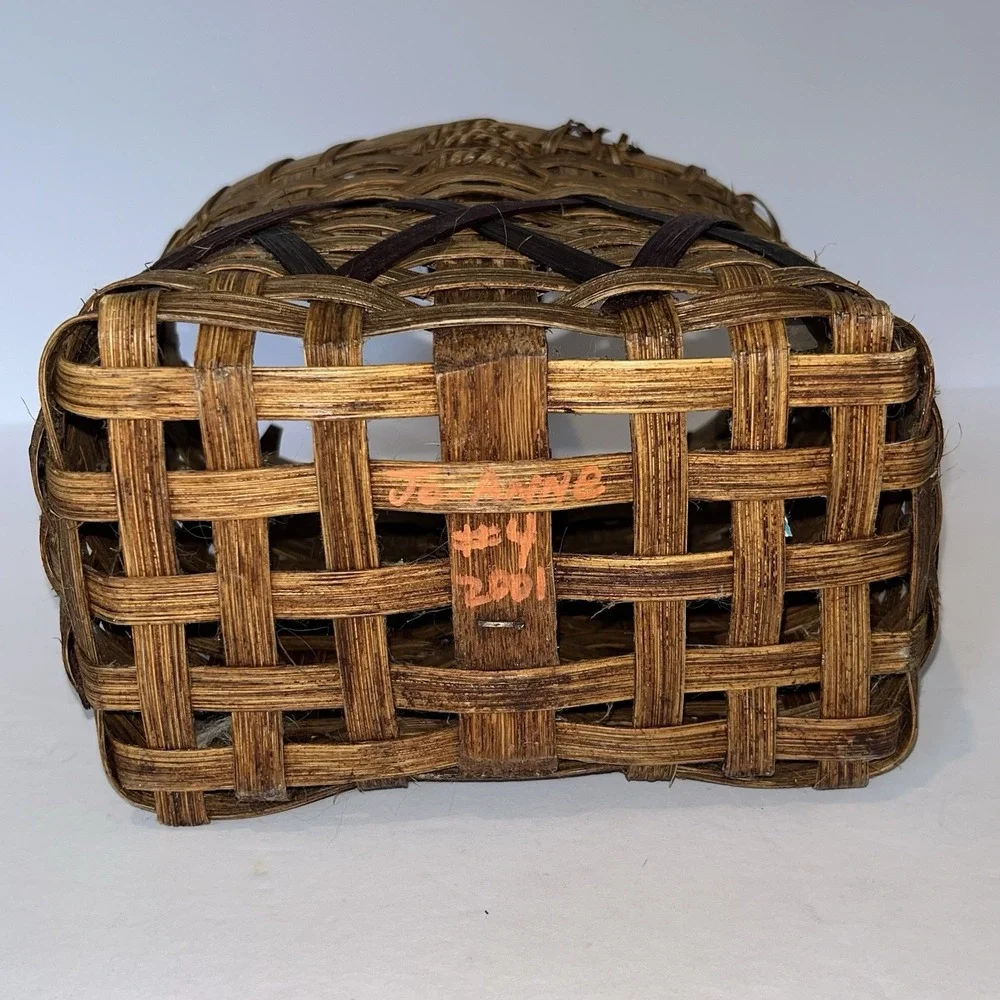 Vintage Splint‎ Basket Handmade Wood Handle 2001 Signed Wine Holder Gathering
